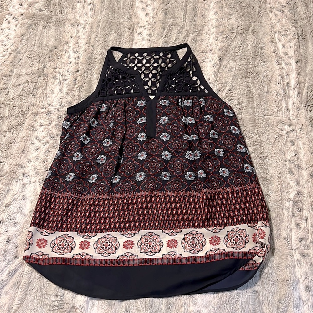 High Neck Tank Top With Unique Neckline and Classic Print